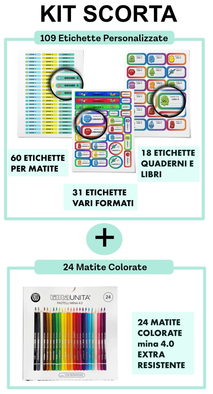 KIT SCORTA: 109 Etichette Bambino + 24 Matite Colorate