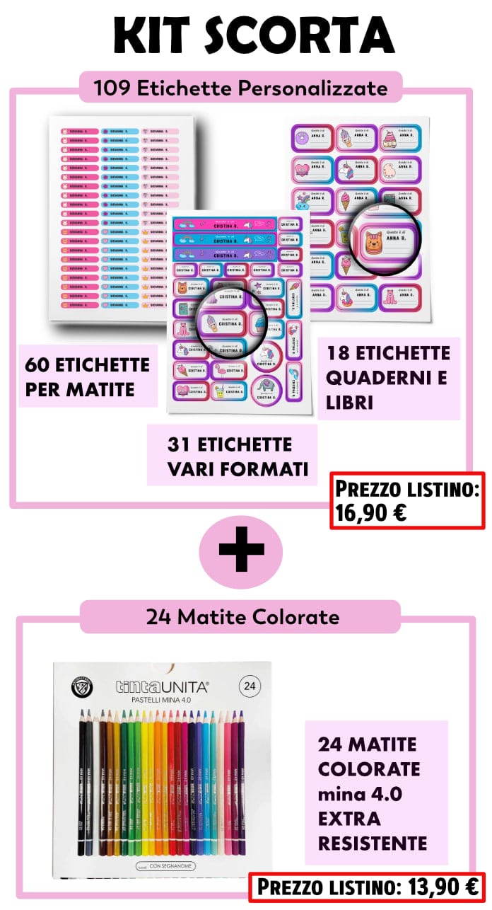 KIT SCORTA: 109 Etichette Personalizzate + 24 Matite Colorate