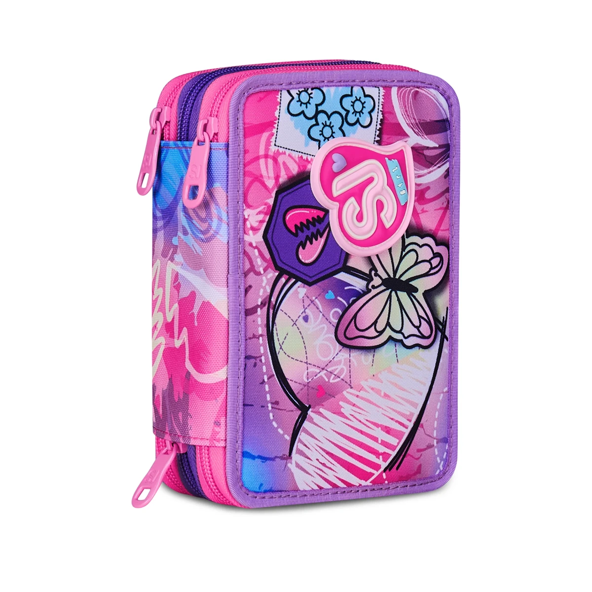 Featured image for “Astuccio SJ 3 ZIP - CUORE e FARFALLE LILLA- Tinypatch Girl Bambina”