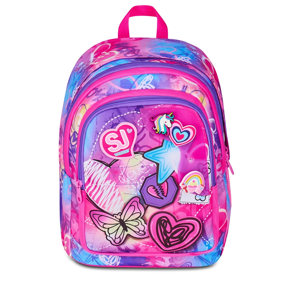 Featured image for “Zaino SJ Tondo - CUORE e FARFALLE Con Pin Bambina - Tinypatch Girl”